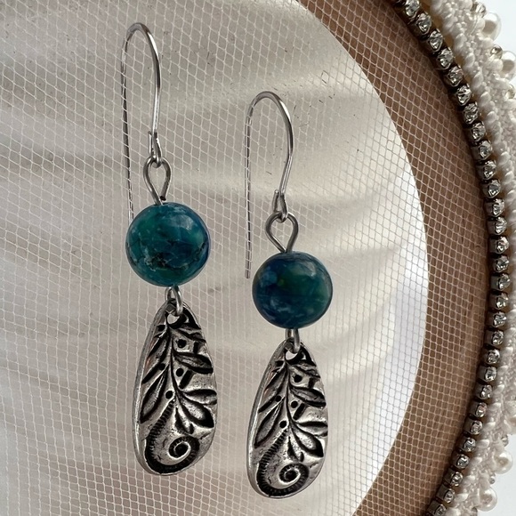 BLUE Peacock Turquoise Earrings with Teardrop Silver Charms - Picture 1 of 12